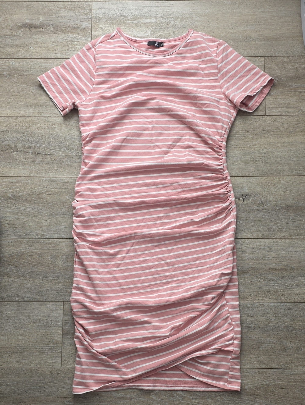 & AVE Pink and White Striped Ruched Midi Dress
